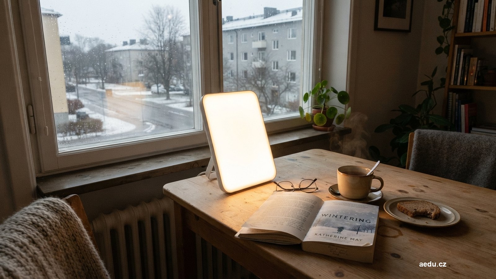 Lampa pro světelnou terapii na stole u okna v zimním ránu