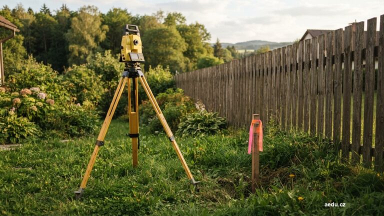 Geodetický přístroj a hraniční kolík u plotu zahrady